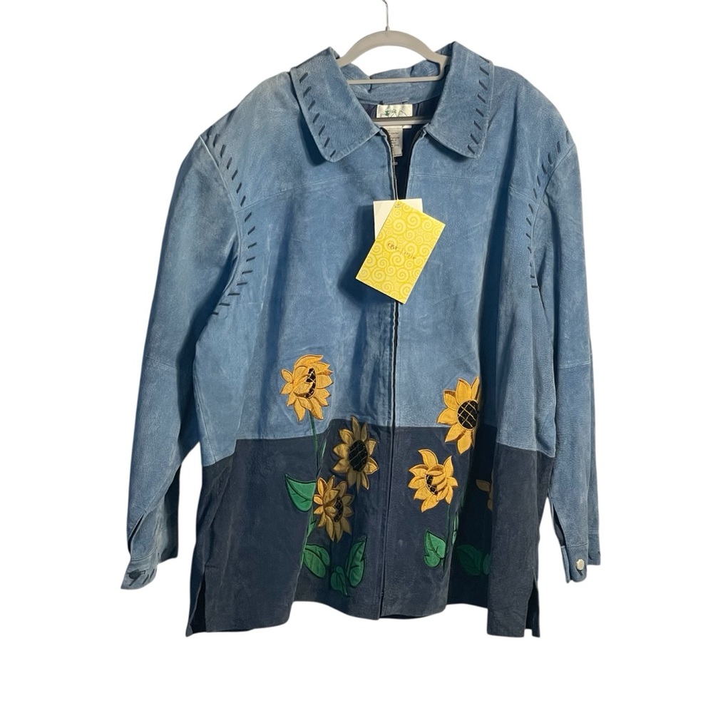 NWT Quacker Factory Blue Suede Sunflowers Embroidered Zip Front Jacket Coat 3X